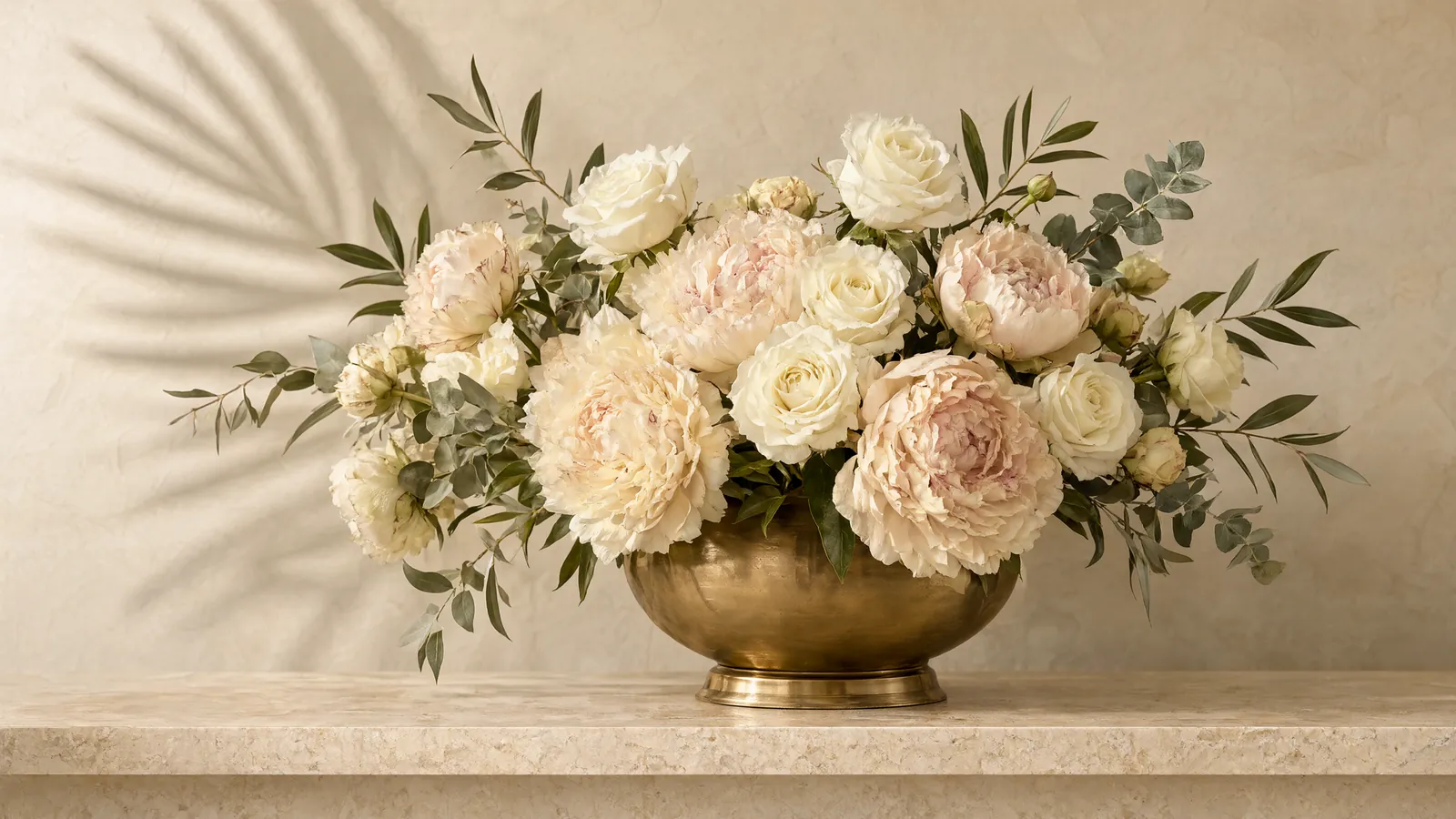Cream peonies and roses in a brass bowl at the Summer Skin studio